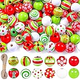 Vellibring 240 pcs Christmas Wooden Beads with Jute Twine red Green Round Craft 12 Styles Polka Point Vortex Candy Xmas Tree for Christmas DIY Garland Jewelry Making
