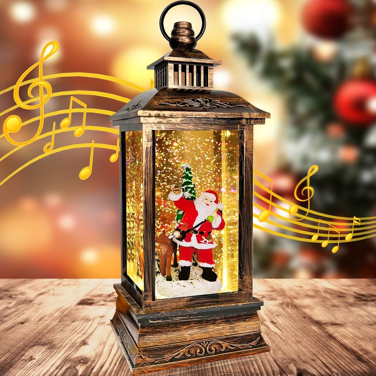 Snow Globes - TURNMEON 12.5 Inch Lighted Christmas Musical Snow Globe Lantern with 8 Songs Timer Christmas Decoration Santa Claus Elk Glittering Lantern USB or Battery Operated Christmas Home Indoor Decor Xmas Gift