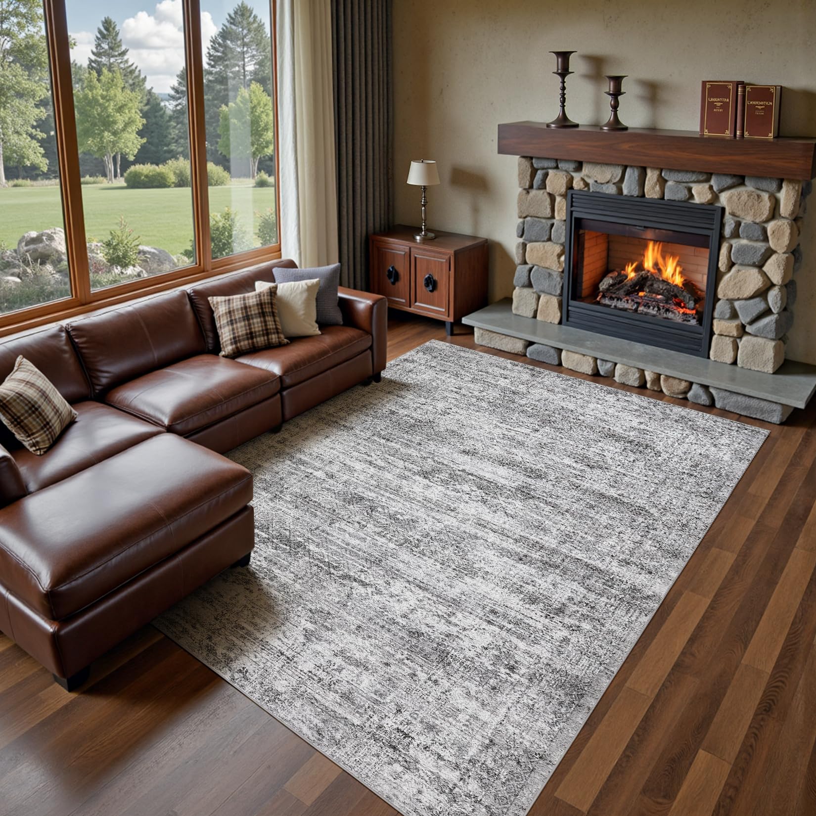 UERMEI 6x9 Area Rug Living Room Rugs - Washable Neutral Modern Abstract Soft Thin Rug Indoor Floor No Slip Rug Carpet for Bedroom Under Dining Table Home Office Decor - Light Gray Image