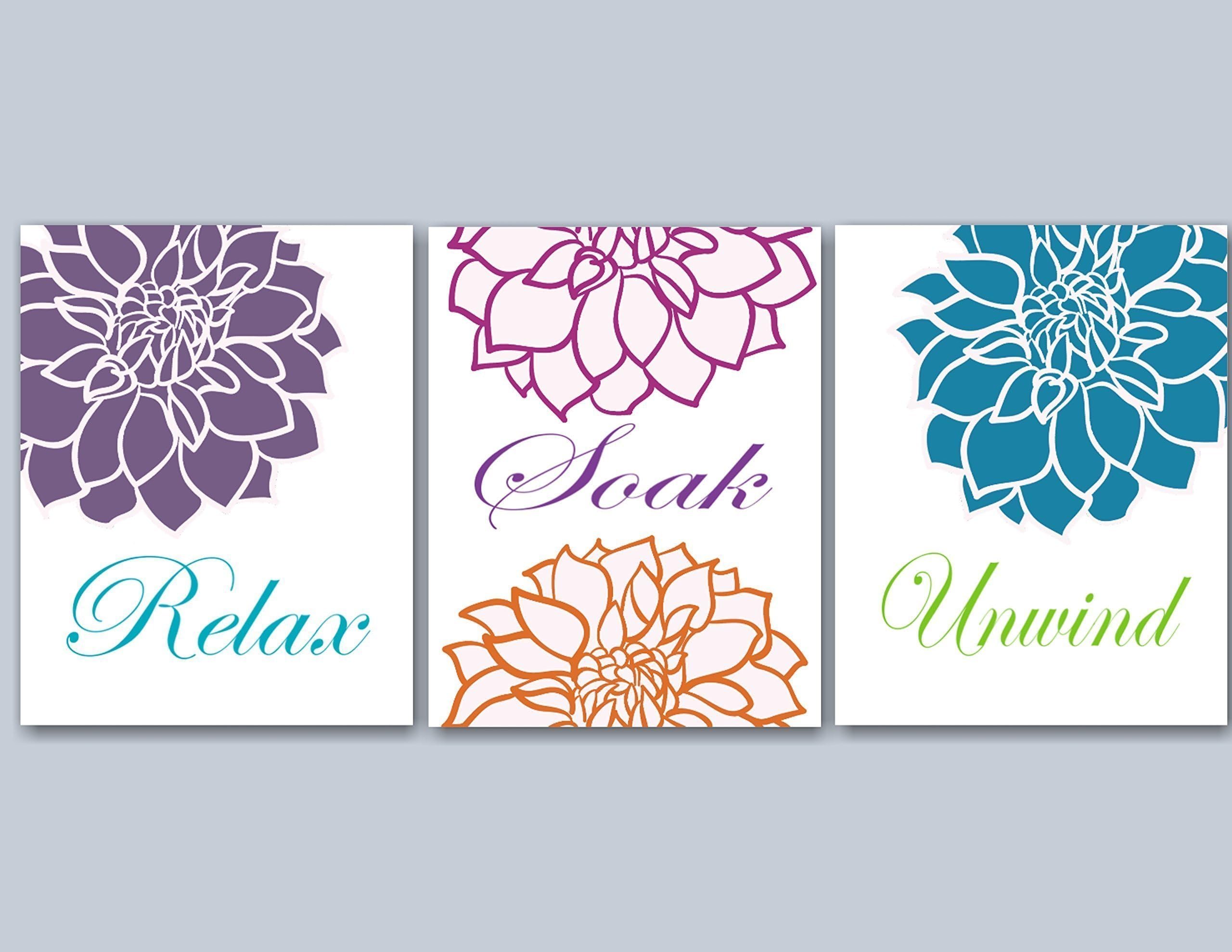 Floral Bathroom Wall Art,Orange Blue Green Bathroom Wall Art,Purple Floral Wall Art,Aqua Floral Bathroom Wall Art- UNFRAMED set of 3 PRINTS (NOT CANVAS)