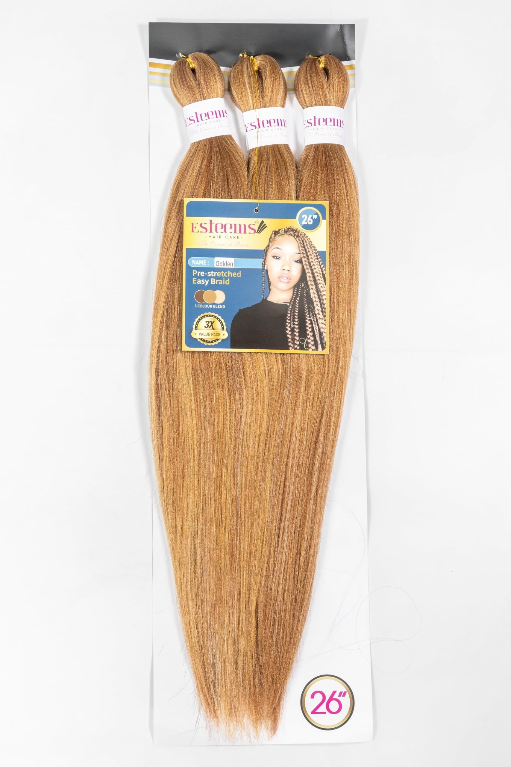 Esteems Hair Care- Hypoallergenic Pre-Stretched Braiding Hair - Long 3 Colour Blend(P27/30/613) 26"-Perfect for Expressive Braids (Golden-Yaki) 270g