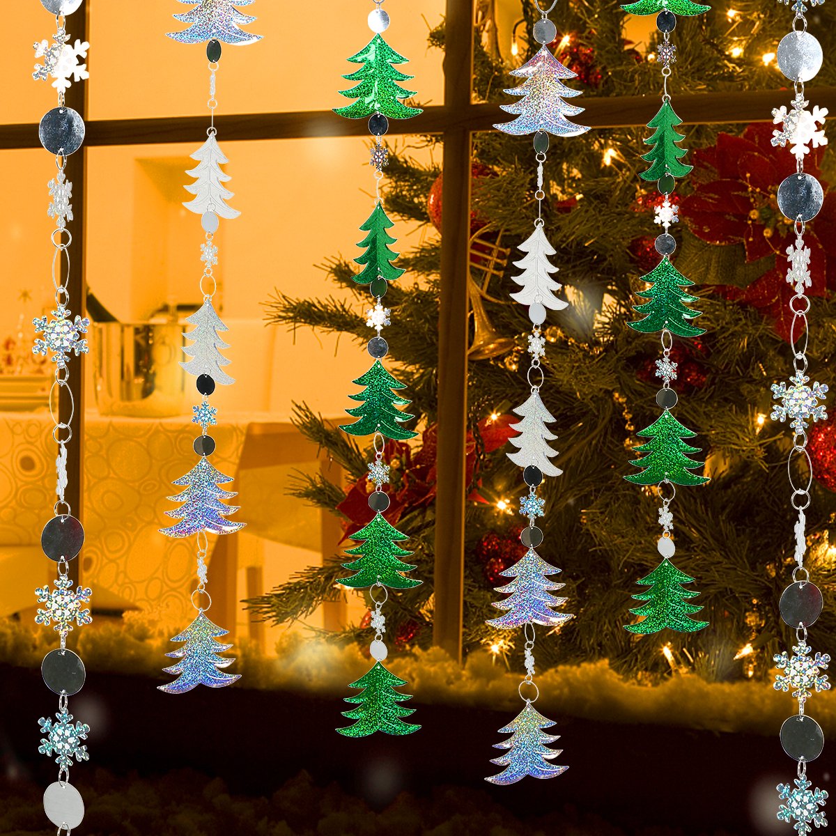 Christmas Hanging Decorations -3 Pieces Christmas Tree and Snowflake Shape Ornaments Hanging Bunting Garlands Banner for Xmas Party Decor