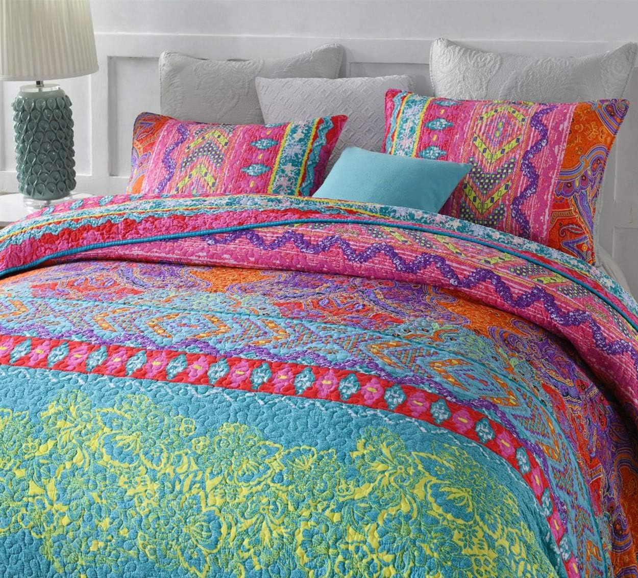 Qucover Quilted Bedspreads Double Size 220 x 240 cm, Reversible Bohemian Bedspread with 2 Pillowcases - Image 3