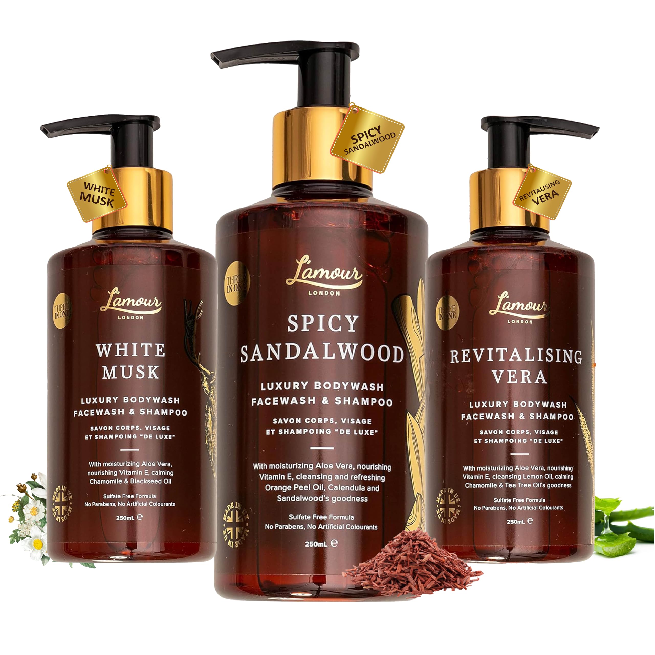 L'amour Natural | Luxury Divine Body Wash Collection | White Musk | Spicy Sandalwood | Revitalizing Vera | Essential Oils | Sulphate Free | Gentle for dry and sensitive skin | 250mL | PACK of 3