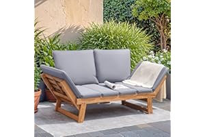 Devoko Outdoor Couch Acacia Wood Patio Couch with Adjustable Armrests, Outdoor Convertible Sofa with Removable Cushions & Pillows for Patio, Porch, Poolside(Grey)