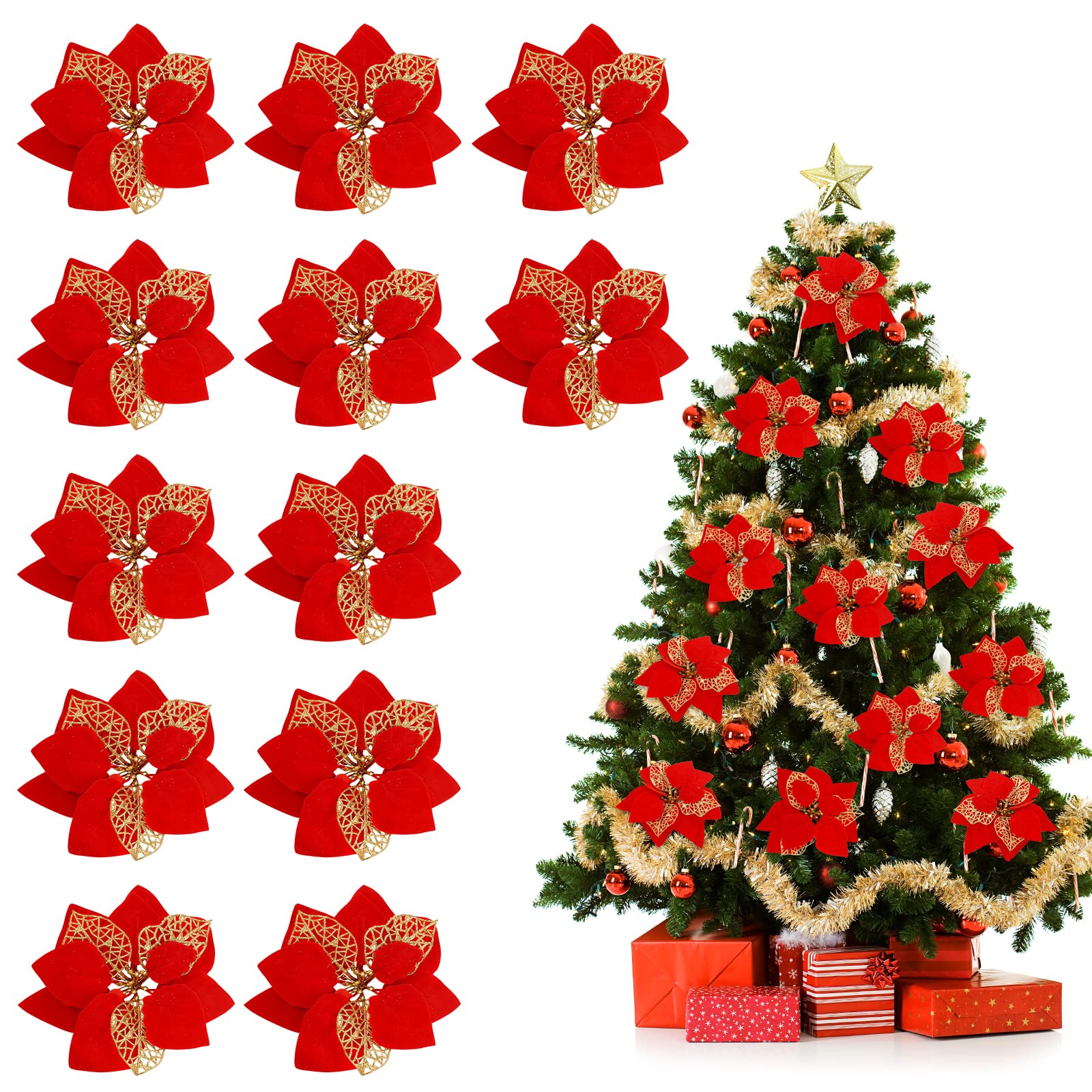 12 Pieces Red Gold Christmas Poinsettia Flowers, Glitter Artificial Flowers Poinsettia, Christmas Tree Ornaments for Xmas Wedding Party Wreath Decoration