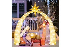 DROFELY 52” Nativity Scene Outdoor Christmas Decoration Lighted up Christmas Holiday Display,Nativity Scene Set with LED Lights Christmas Tree Decor,Birth of Jesus