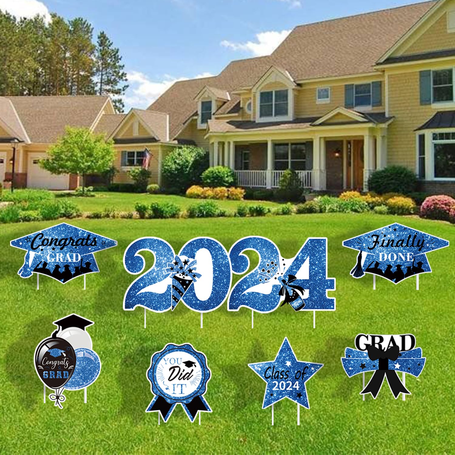 Photo 1 of Graduation Decorations Class Of 2024 Graduation Yard Sign, 8Pcs Waterproof Blue Graduation Yard Signs, Congrats Grad Decorations Garden Stakes Sign for High School College Graduation Party, Outdoor Lawn Decor