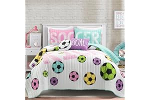 Lush Decor Girls Soccer Kick Reversible Quilt Queen Size 5 Piece Set Full/Queen White & Turquoise - Kids Bedding Set Queen Quilt - Soccer Bedding