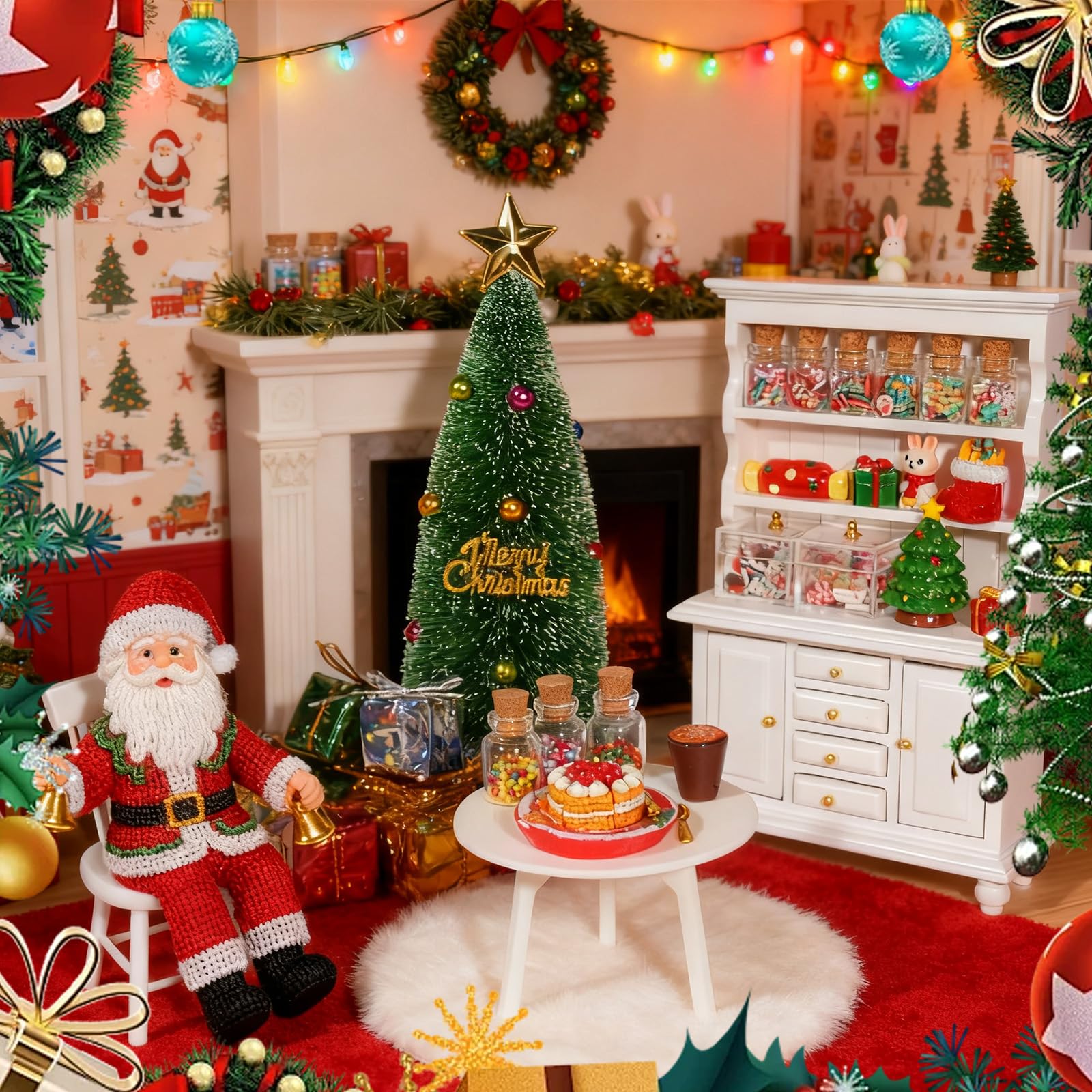 Rileryan 1:12 Scale Mini Christmas House Accessories Kit Christmas Miniatures Decorations Miniature Wooden Furnitures Bookshelf Desk Chair