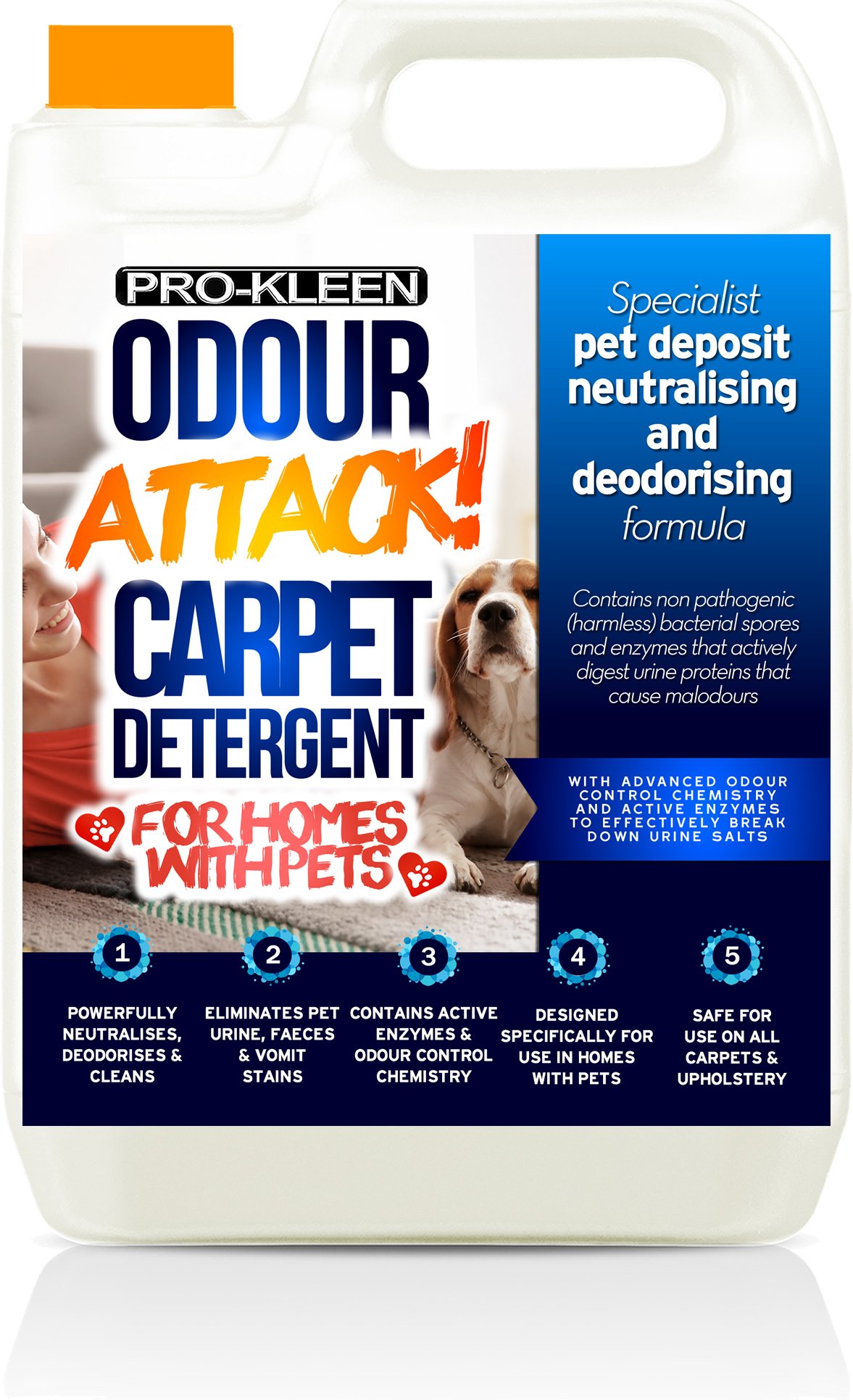 Pro-Kleen Odour Attack! Pet Carpet Cleaner Enzyme Shampoo 5L Citrus - Urine Cleaner with Active Enzymes to Eliminate Urine, Faeces & Vomit Stains From Dogs, Cats, Humans, All Carpet Types