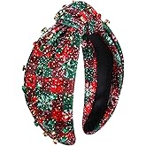 Christmas Headband for Women Holiday Christmas Accessories Xmas Tree Snowflake Reindeer Candy Cane Knotted Headbands Jeweled Crystal Pearl Wide Top Knot Headband Festive Holiday Hair Accessory Gifts
