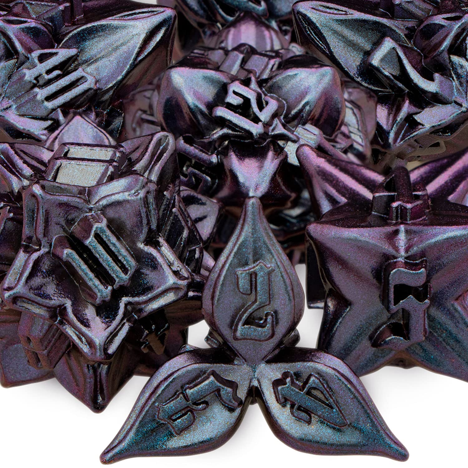 ARUOHHA DND Metal Dice Set Handmade Leaf Design Dragons Dice with Gift Box, 7PCS Purple Blue Polyhedral RPG 6 Sided Dungeons D and D Dice Role Playing Dice D20 D12 D10 D8 D6 D4 — image 1