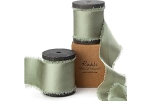 Ribbli Dusty Sage Green Silk Satin Ribbon 1.5 Inch x 12 Yard Handmade Frayed Chiffon Ribbon with Wooden Spool for Gift Wrapping, Wedding Invitations, Bridal Bouquets, Home Decor