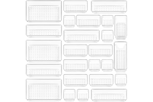 Vtopmart 25 PCS Clear Plastic Drawer Organizers Set, 4-Size Versatile Bathroom and Vanity Drawer Organizer Trays, Storage Bins for Makeup, Bedroom, Kitchen Gadgets Utensils and Office
