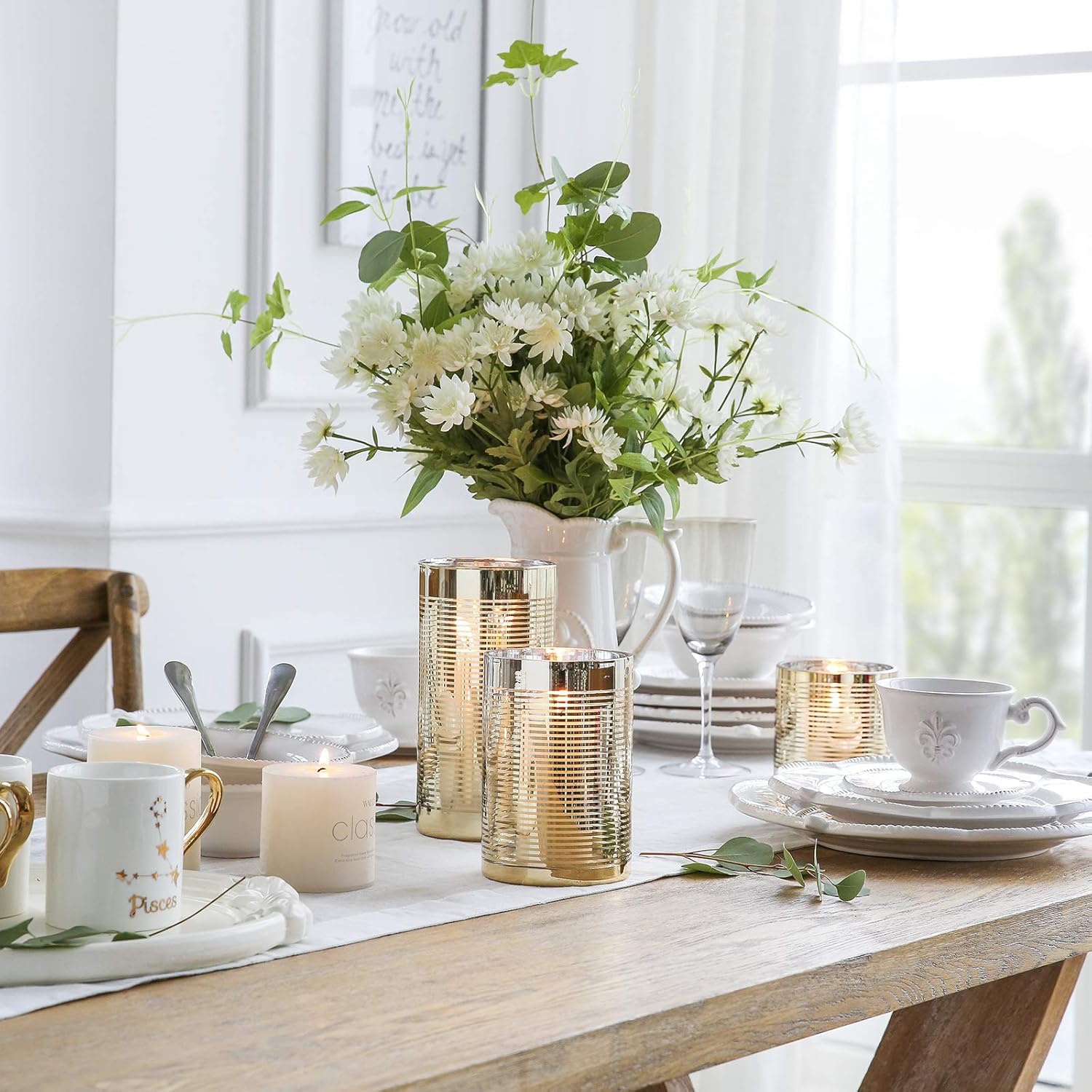 Cyl Home Hurricane Candleholders Clear Glass with Unique Golden Striped Decor Dining Table Centerpieces Cylinder Vases Gifts for Wedding Housewarming Christmas Party，7.9'' Height.: Kitchen & Dining