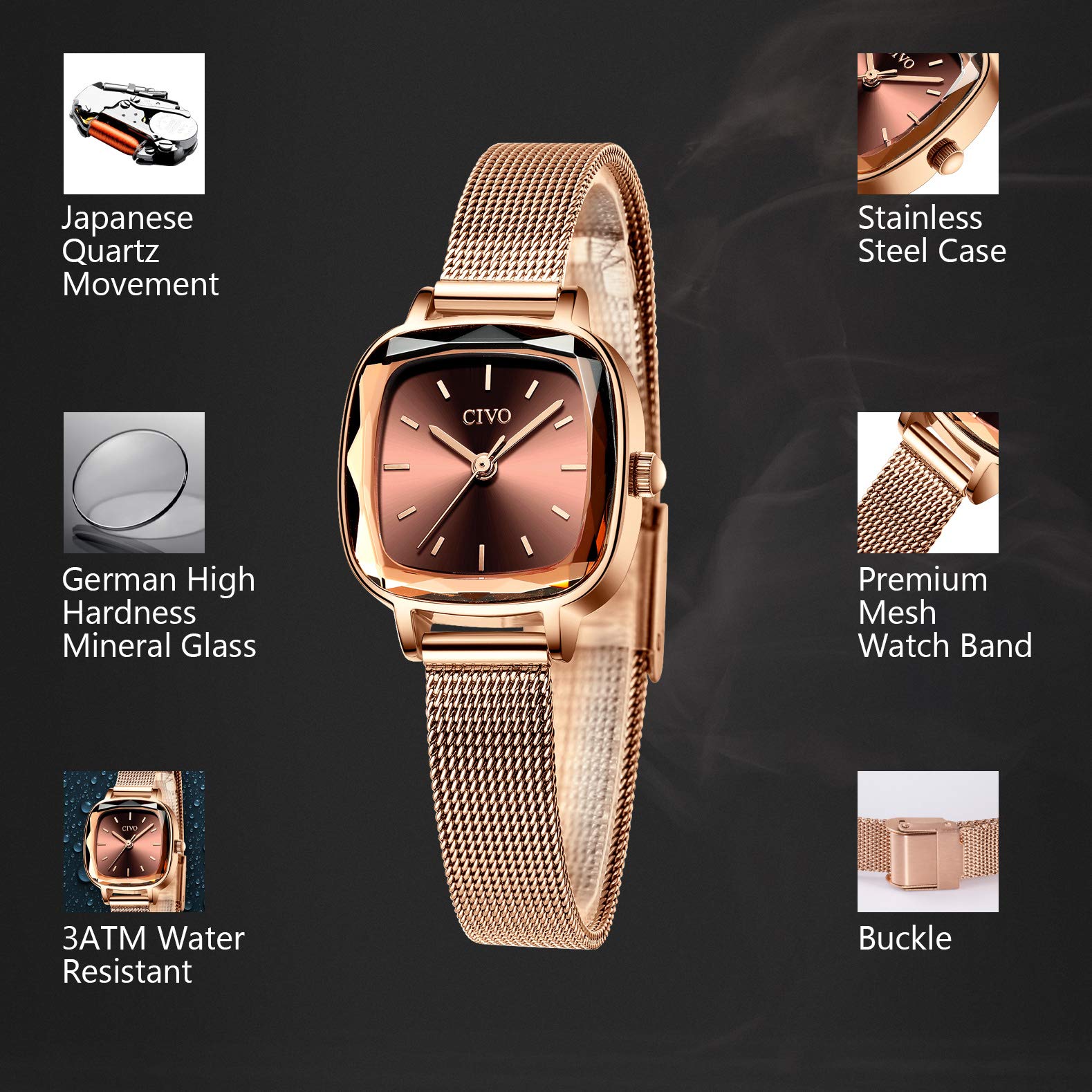 CIVO Womens Watches Stainless Steel Waterproof Rectangle Rose Gold Wrist Watch Designer Simple Elegant Casual