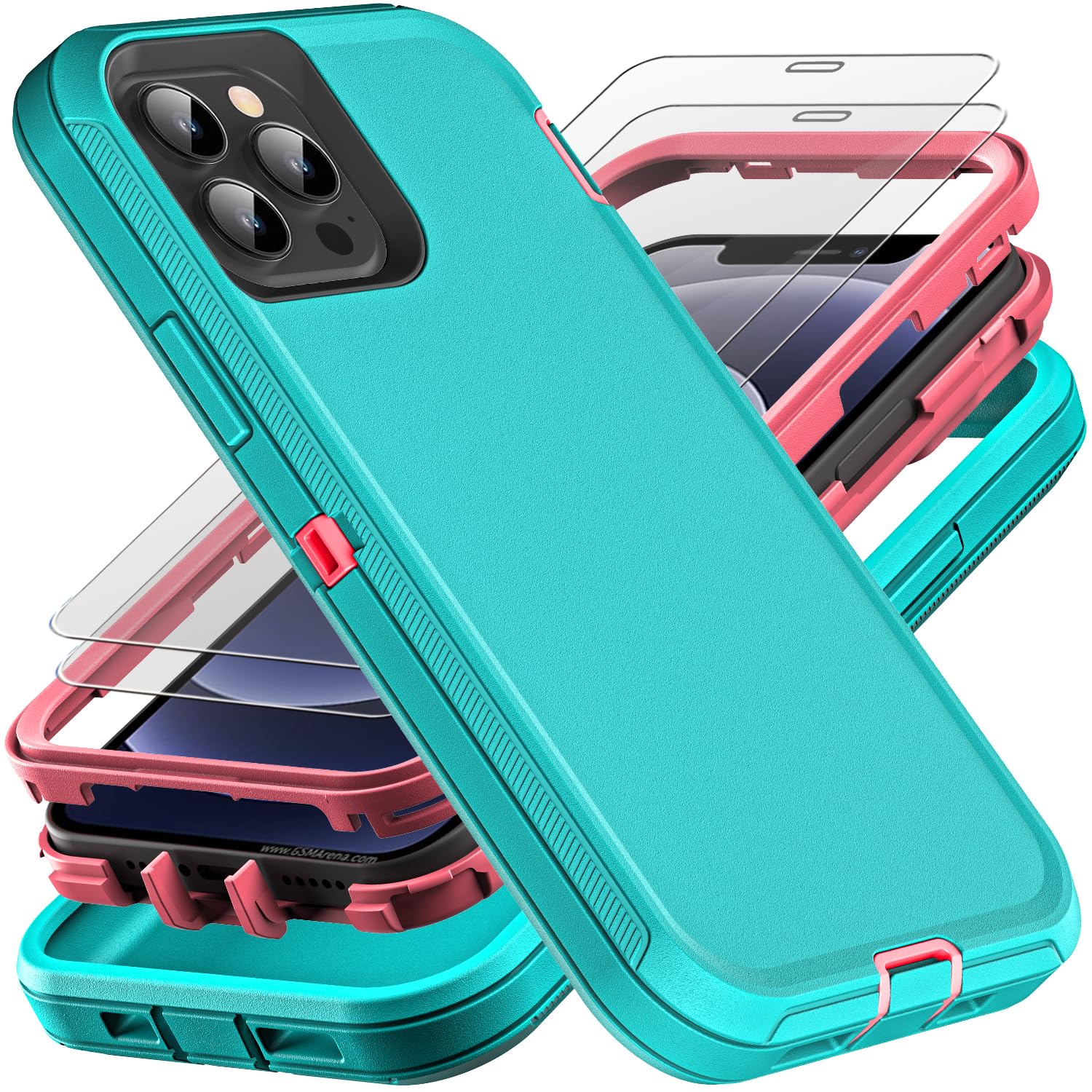 YKHJKLEC for iPhone 12/12 Pro Case, Military Grade 3 in 1 Heavy Duty Shockproof/Drop Proof/Dust Proof with 2Pcs Tempered Glass Screen Protector (Aqua Blue/Pink)