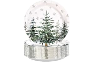 Grencian 50Pcs Christmas Tree Party Supplies 9" Large Heavy Duty Xmas Trees Snowflake Paper Plates Disposable Winter Xmas Green Pine Trees Dinner Plates for Merry Christmas Holiday Birthday Party