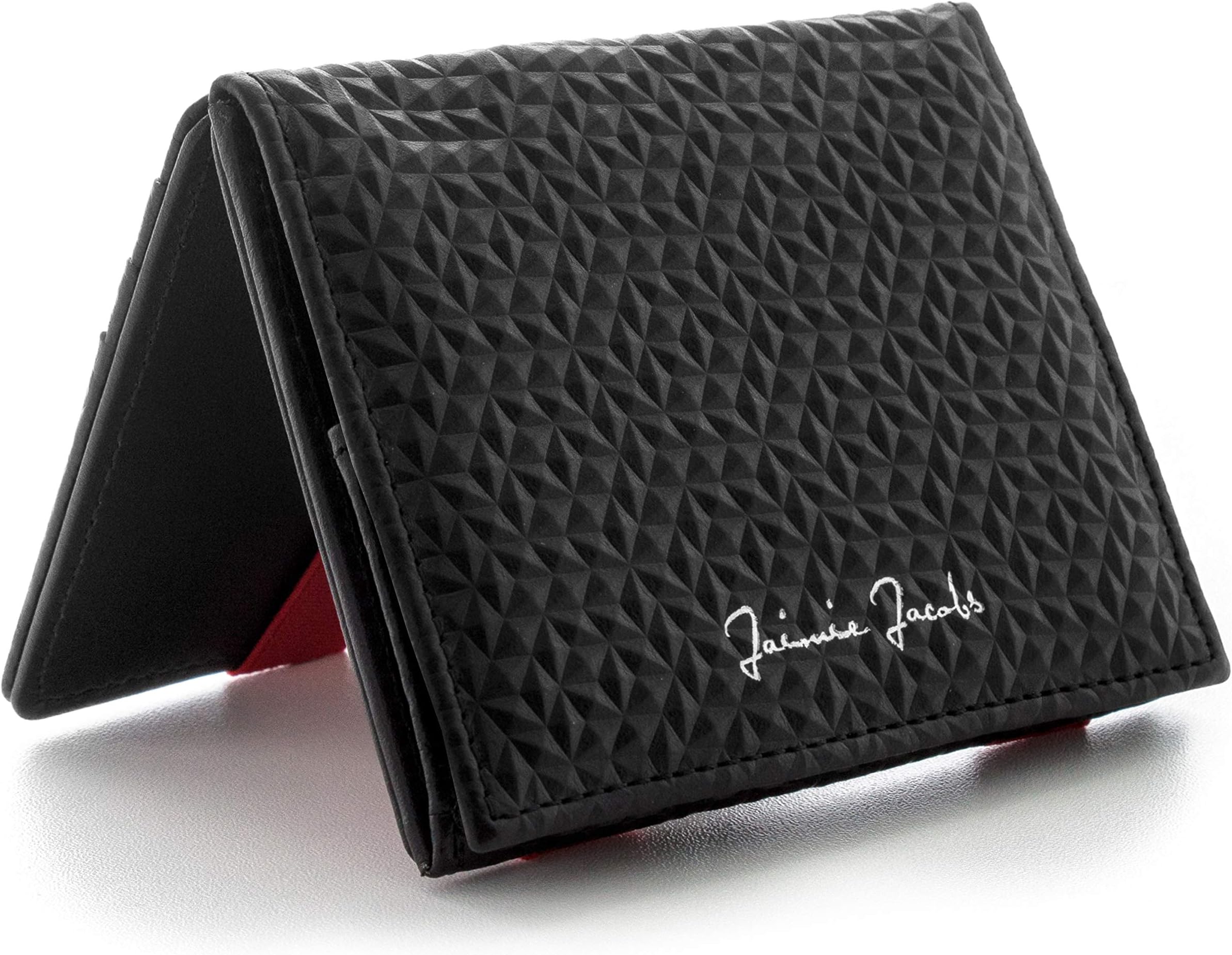 JAIMIE JACOBS Men Magic Wallet with Coin Pocket Flap Boy RFID Blocking Wallet Genuine Leather (Diamond Black with Red)