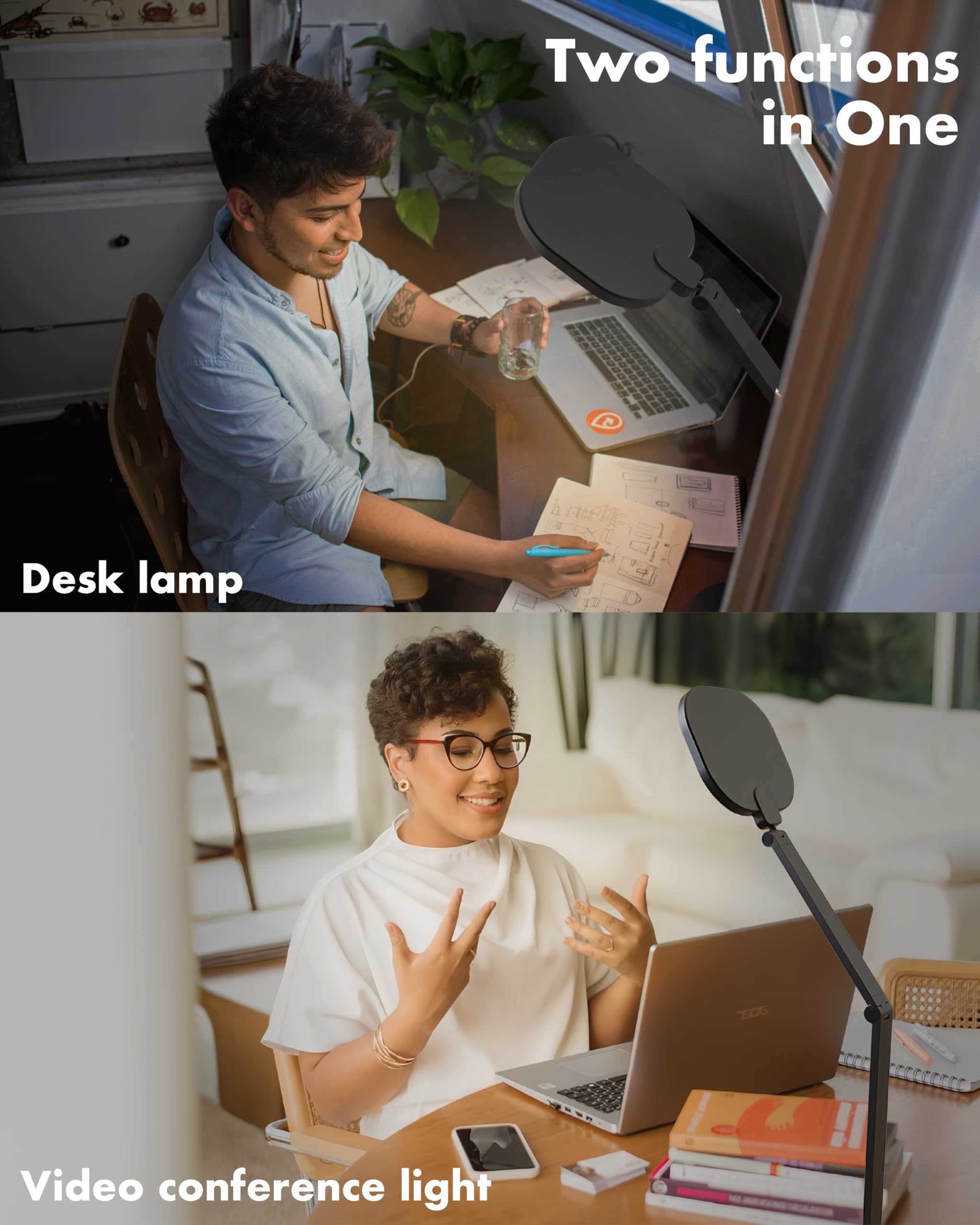 LitONES LED Desk Lamp for Home Office, 15W Computer Zoom Lighting with Swing Arm, Memory & Timer Function, Dimmable Desktop Ring Light for Video Calls, Conference, Reading, Streaming, Podcasting