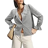 siliteelon Plaid Shirts for Women Gingham Top Button Down Shirts Peter Pan Collar Puff Long Sleeve Cotton Casual Work Blouse