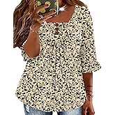 TFSDOD Womens Plus Size 3/4 Ruffle Sleeve Tunic Tops V Neck Pleated Dressy Casual Shirts Floral Print Blouses (1XL-5XL)