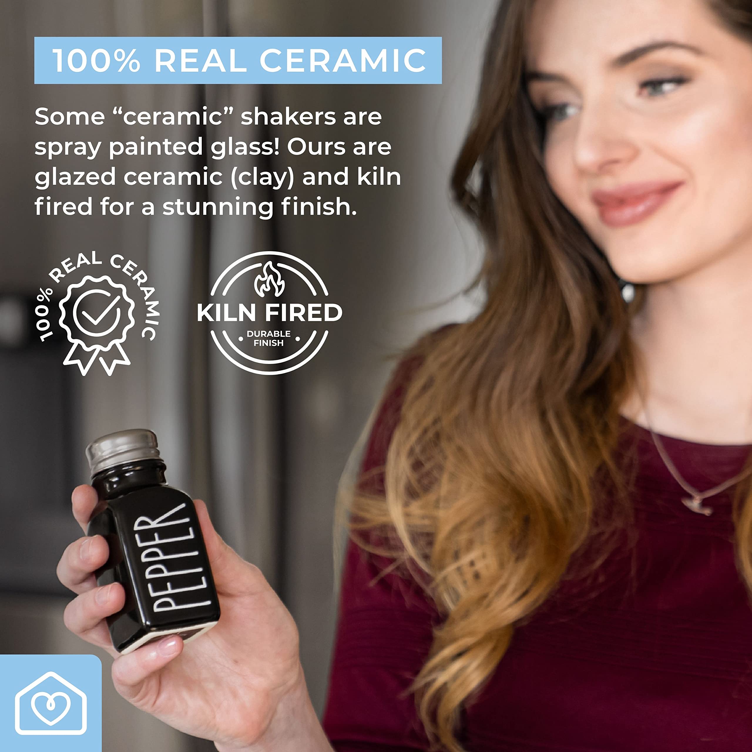 Heartland Home Farmhouse Ceramic Salt and Pepper Shakers Set with Extra Lids. 100% Stoneware Salt and Pepper Shaker Set. Black Pepper and White Salt Shaker with Lid x4. Kitchen Salt Pepper Shakers