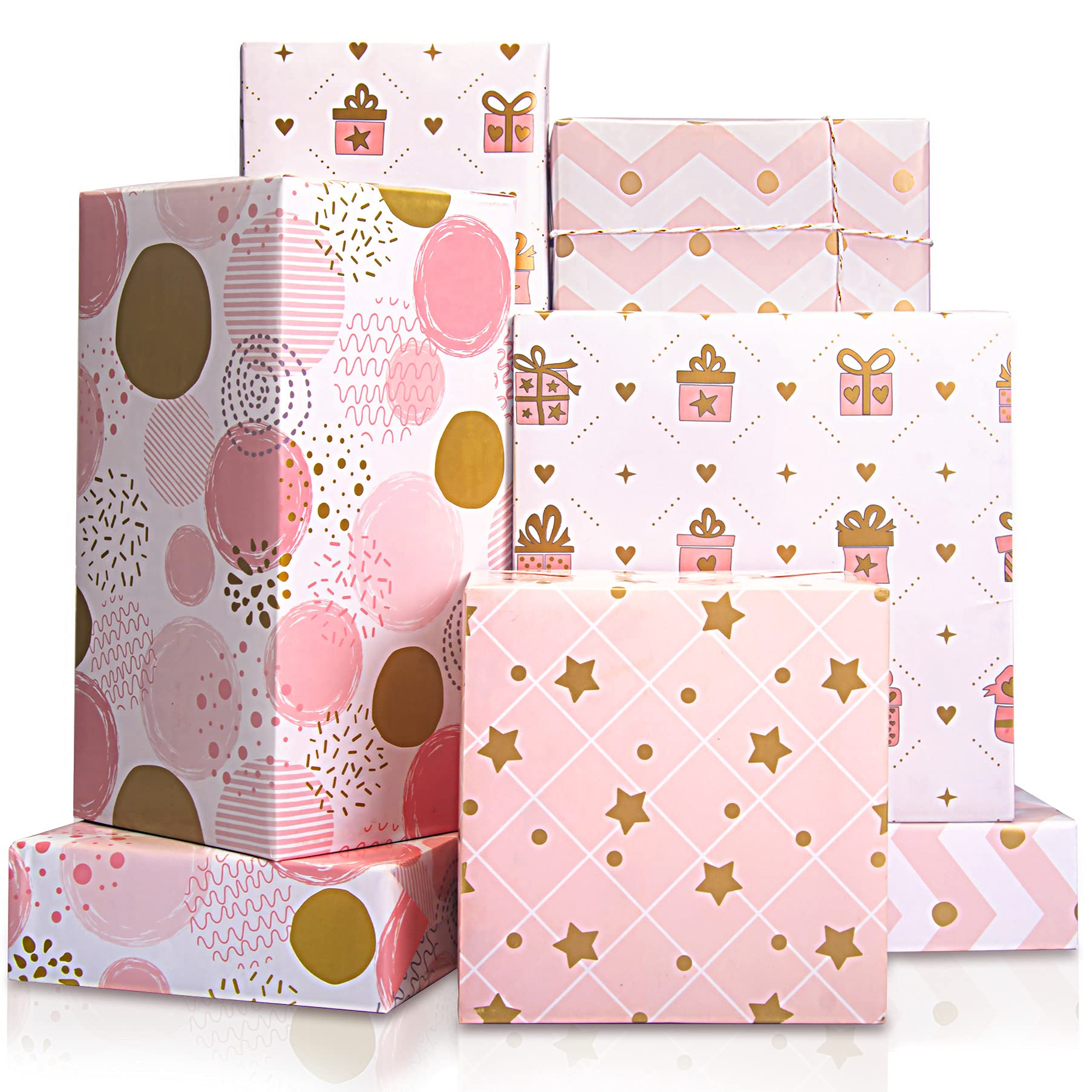 Larcenciel Happy Birthday Gift Wrapping Paper, Metallic Gold Foil Birthday Wrapping Paper for Girl, Pink Gift Wrap for Valentines Day, Christmas, 70x50cm
