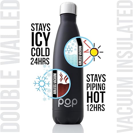 Stainless Steel Vacuum Insulated Thermos Flask By Pop Design Keeps Your Drink Cold Up To 24h And Up To 12 Hours Hot Water Bottle Is Not Leak Proof And Black Cm Bpa Free 500ml Or 740 Ml Amazon De Sport Freizeit