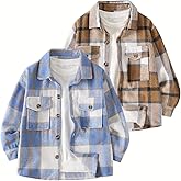Fdqin Boys Plaid Flannel Shirt 2 Piece Long Sleeve Tops Kids Button Down Shirts Fall Winter Outfits for 4-12 Years