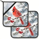 2 PCS Cardinal Pot Holders, Christmas Oven Hot Pads for Kitchen | Xmas Oven Mitts Set with Pocket Grip &amp; Hanging Loop, Heat Resistant for Kitchen Cooking, Baking, BBQ, Machine Washable