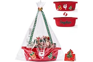 INFIBAY Christmas Gift Baskets, Small Christmas Baskets for Gifts Empty, Woven Rope Red Basket with Handle, Ribbon, Row Decor, Personalized Name Cotton Rope, Xmas Gifts Storage Basket for Women Men Kids