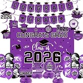 2026 Graduation Party Decorations Set for High School College Purple | Class of 2026 Backdrop Congrats Grad Banner Balloons Decoraciones Graduacion Fiesta Party Supplies Outdoor Centerpieces