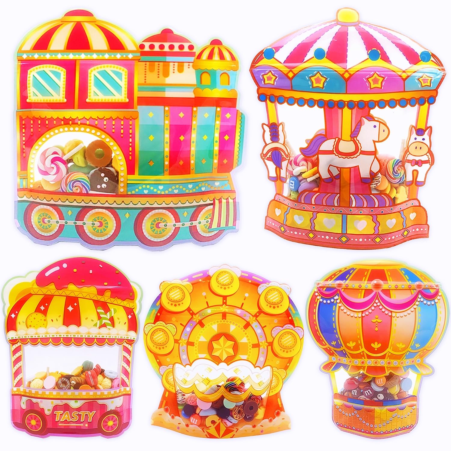 Photo 1 of 30PCS Carnival Party Gift Bags Circus Candy Goodie Bags Ferris wheel&carousel&Train&Snack cart&Hot air balloon Shape Party Favor Bag For Carnival Circus Theme Birthday Supplies Present Packing Storage