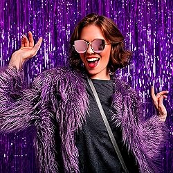 4 Pack Purple Foil Fringe Curtain Backdrop, 3.3Ft x