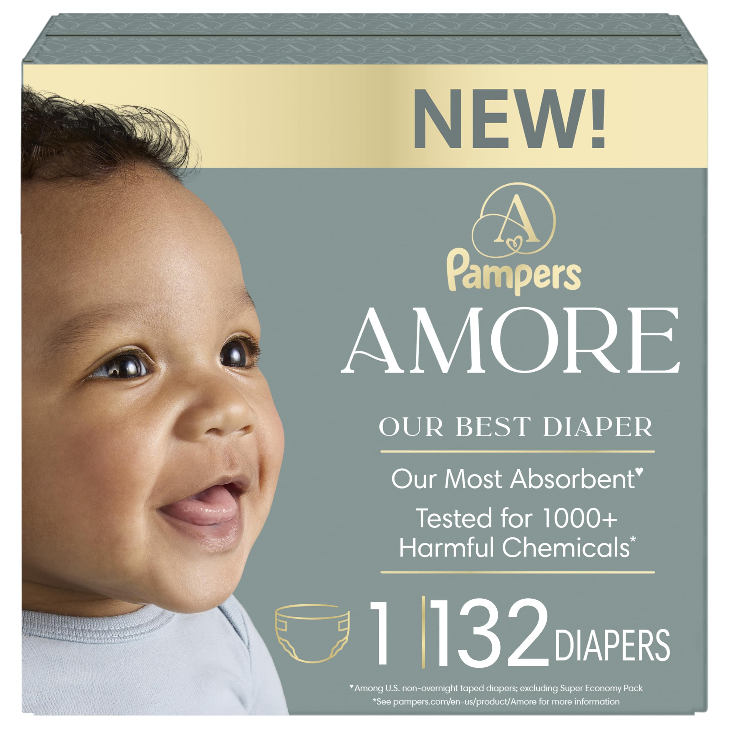 Photo 1 of Pampers Amore, Size 1 (8-14 lbs), 132 Count, Our Best Diaper – Hypoallergenic & Fragrance Free, Up to 100% Leakproof, Soft as Cashmere
