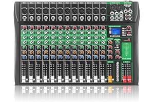MIZISNR 12 Channel Audio Mixer, Professional DJ Mixer Board Sound Music Mixing Console Digital Mixer with Reverb, Bluetooth, USB Port, 48V Phantom Power for Recording Karaoke Podcasting