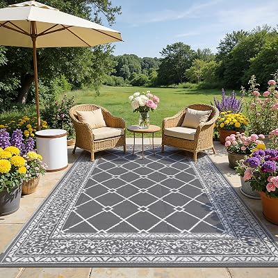 SHACOS Outdoor Rug 270x360 cm Reversible Waterproof UV Patio Garden Grey