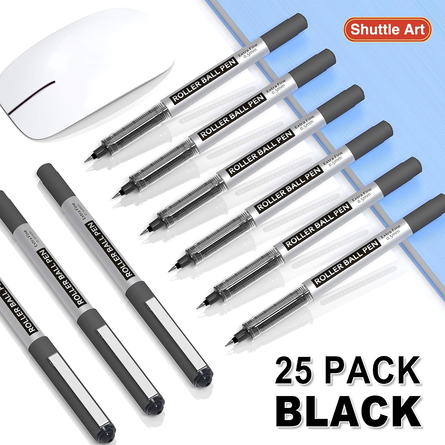 Shuttle Art Rollerball Pens, 25 Pack 0.5mm Extra Fine Point Black Liquid Ink Pens - Image 4