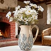 Vintage Blue and Beige Floral Ceramic Vase with Handle, Retro Ice Glazed Crack Farmhouse Pitcher Vase for Home Decor, Living Room, Shelf, Office, French Country Decorative Flower Vase 8.7 Inch
