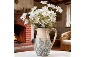 SURE YUESI Vintage Blue and Beige Floral Ceramic Vase with Handle, Retro Ice Glazed Crack Farmhouse Pitcher Vase for Home Decor, Living Room, Shelf, Office, French Country Decorative Flower Vase 8.7 Inch