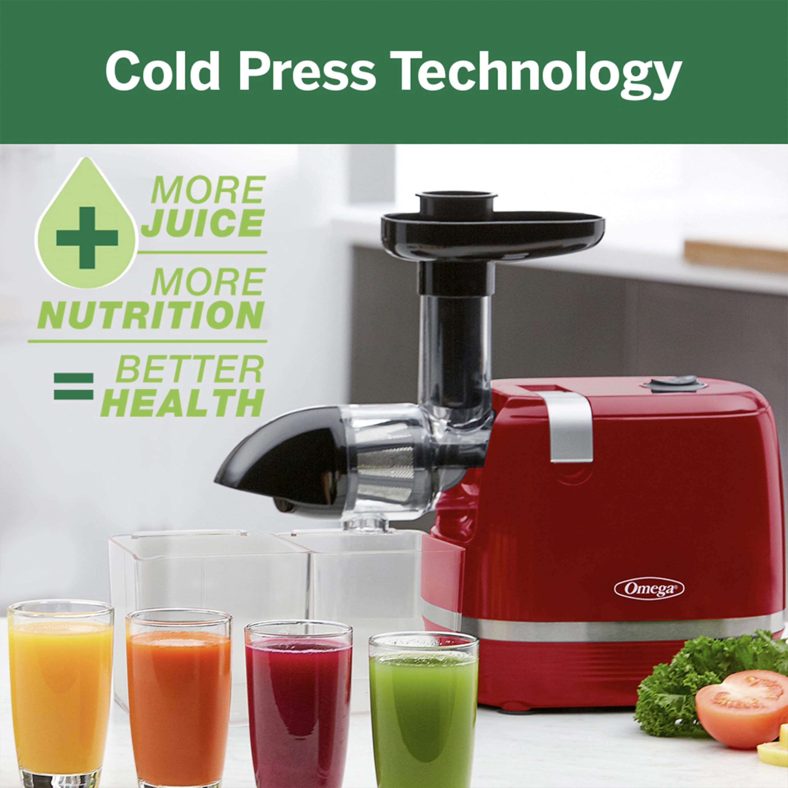 Omega H3000RED Cold Press 365 Juicer Slow Masticating Extractor Creates Delicious Fruit Vegetable and Leafy Green High Juice Yield and Preserves Nutritional Value, 150-Watt, Red