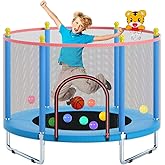55" Trampoline for Kids, Telawah Indoor/Outdoor Mini Baby with Safety Enclosure Net, Adjustable Toddler with Basketball Hoop, Gifts for Boys & Girls