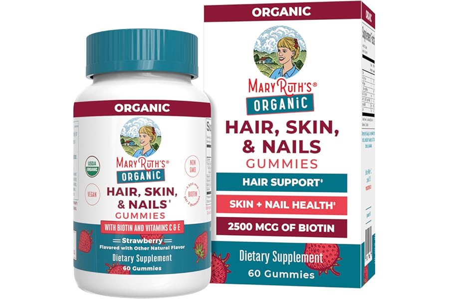 MaryRuth’s Hair Skin and Nail Vitamins | USDA Organic | 2500 mcg Biotin Gummies with Vitamin C & Vitamin E | Hair Growth Vitamins | Skin Care | Nail Growth | Ages 14+ | 60 Count
