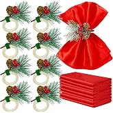 16 PCS Christmas Napkins and Rings Set 8 PCS Red Cloth Napkins &amp; 8 PCS Christmas Napkin Rings Snowy Pine Cone Poinsettia Red Berry Wood Napkin Ring Holders Decor for Holiday Party Gathering Dinner
