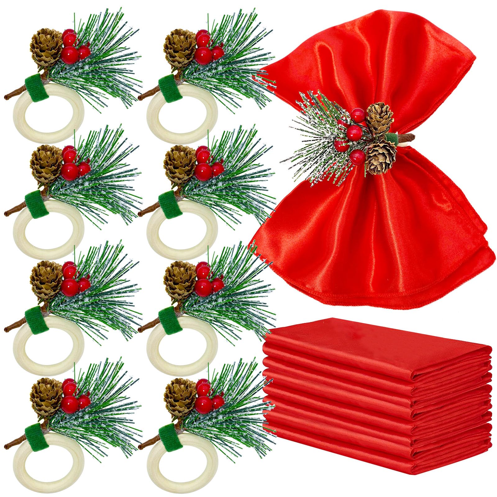 Photo 1 of 16 PCS Christmas Napkins and Rings Set 8 PCS Red Cloth Napkins & 8 PCS Christmas Napkin Rings Snowy Pine Cone Poinsettia Red Berry Wood Napkin Ring Holders Decor for Holiday Party Gathering Dinner