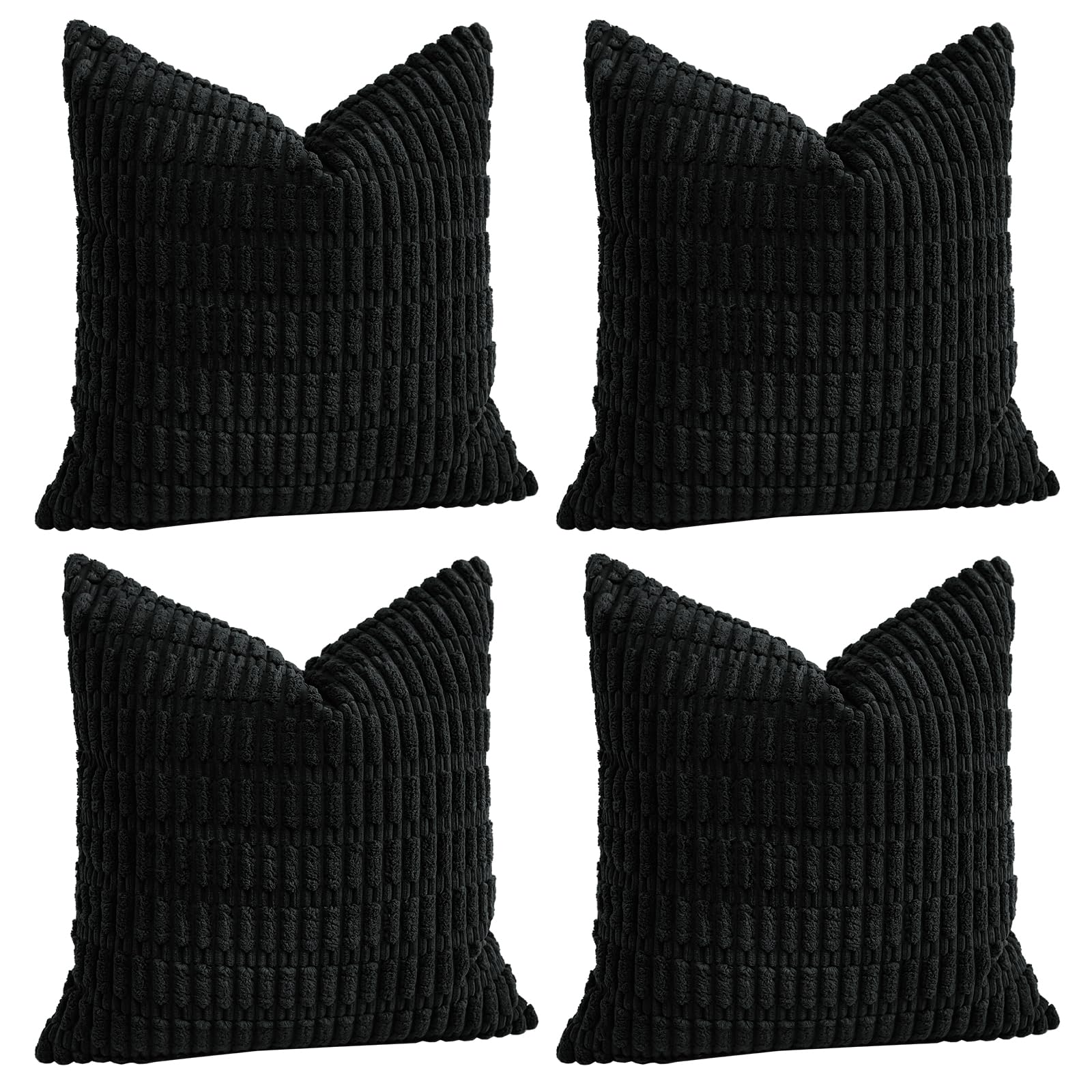 Sungeek Set of 4 Soft Corduroy Decorative Cushion Covers 45x45cm Square Striped Throw Pillow Covers 18x18 Inch for Sofa Couch Living Room Patio Farmhouse Boho Home Decor Pillowcases (Black)