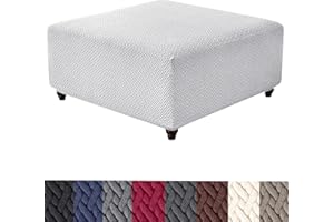 HFCNMY Ottoman Cover,Stretch Knitted Jacquard Square Ottoman Cover Thick Ottoman Slipcover Square Washable Storage Foot Stool Cover with Elastic Bottom White Medium