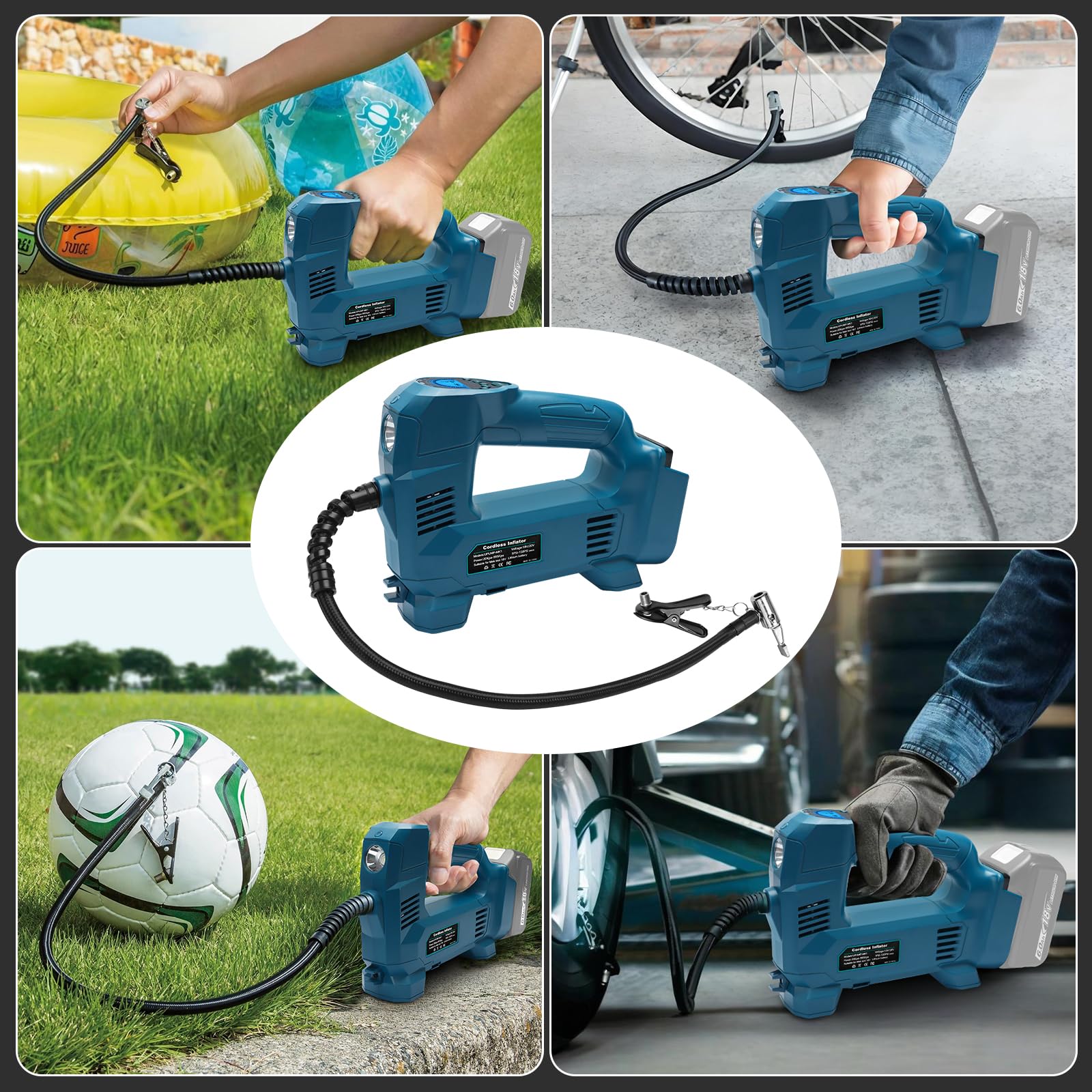 Powarobor 18V Akku Kompressor Kompatibel mit Makita 18V Akkus,10.34 bar Akku Autokompressor/kabellos Luftpumpe für Fahrrad/Auto/Motorrad 150PSI, Automatisch Stop,LED Lampe (ohne Akku, ohne Ladegerät) 6